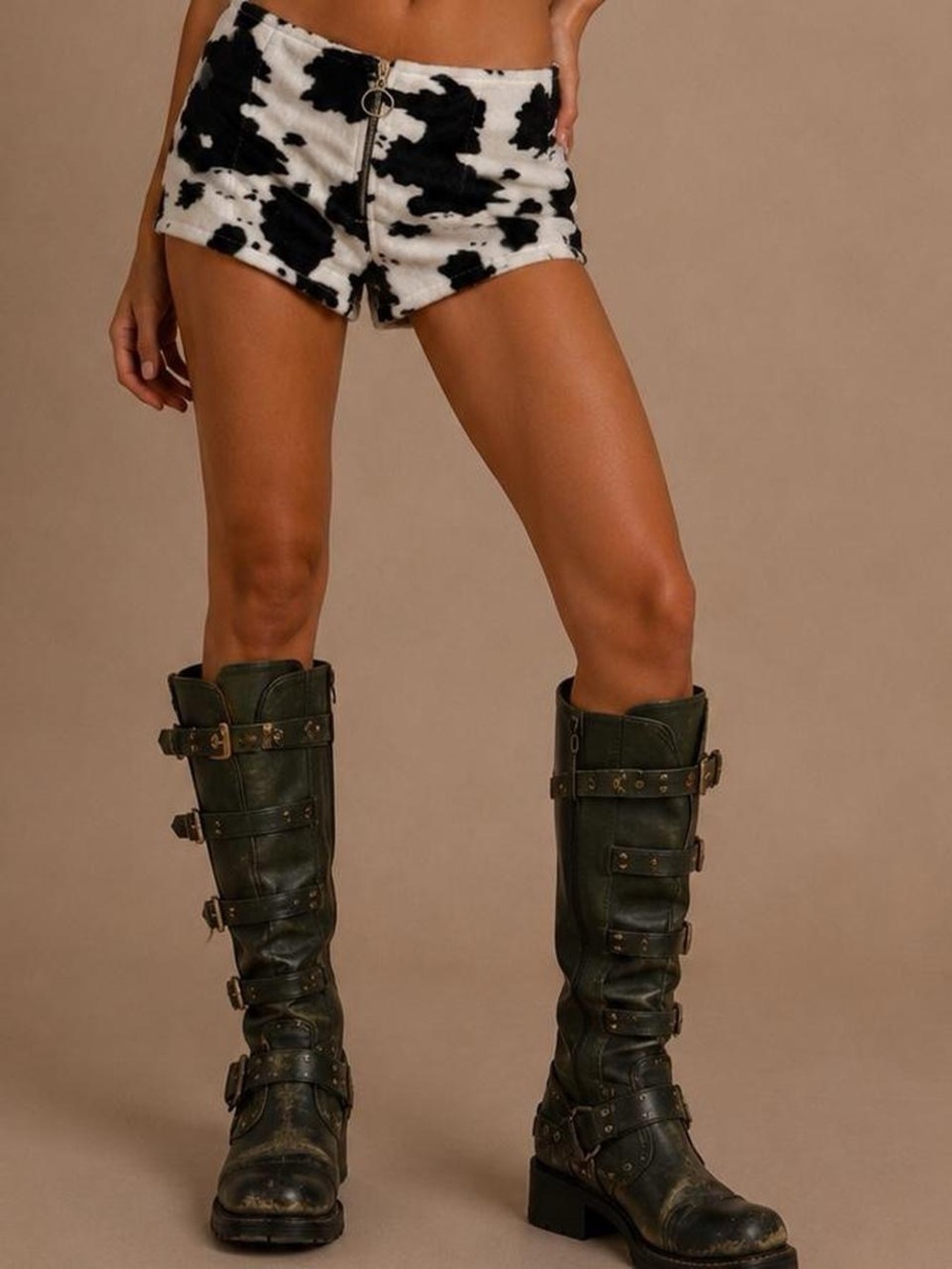 Cow Print Zip-Front Fuzzy Shorts - Black & White